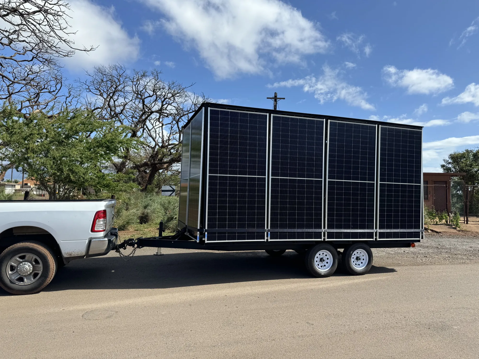 The Power Cube closed for towing behind a pickup truck