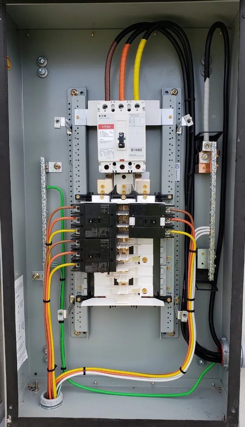 Inside a newly wired service panel with color-coded conductors